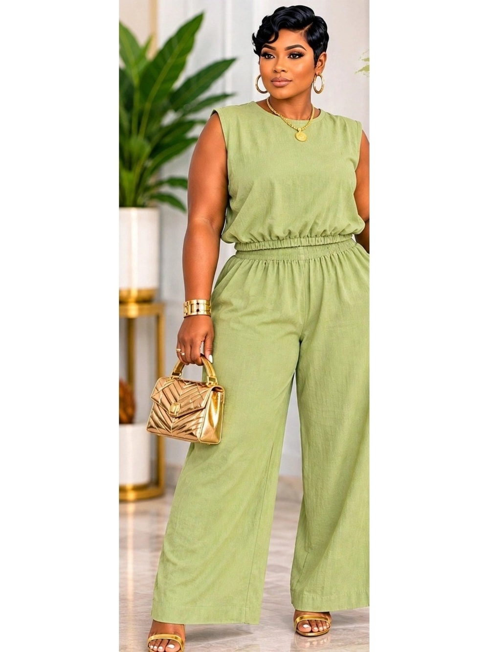 Sleeveless Olive Green Wide-Leg Pants Set